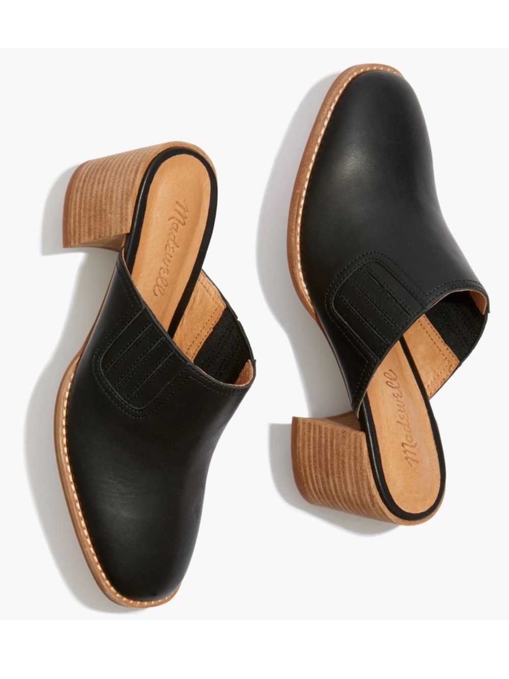MADEWELL The Carey Mule in Leather Black Stacked Heel Square Womens